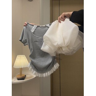 夏季搭配一整套2026新款纯欲风灰色蕾丝花边短袖上衣蓬蓬花苞短裙