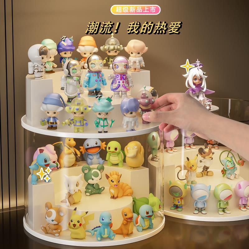 亚克力透明手办展示盒防尘公仔摆件收纳柜可旋转三层台阶展示架成