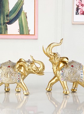 大象摆件一对泰国家居金色客厅招财酒柜泰式玄关东南亚风格装饰品