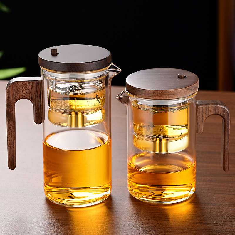 飘逸杯泡茶壶全玻璃内胆一键过滤茶水分离按压式冲茶壶胡桃木茶杯