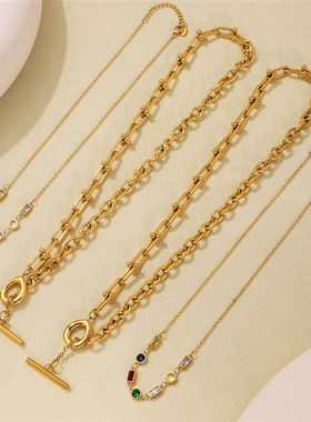 鑫艺鑫欧美彩色锆石锁骨链马蹄扣OT扣链条双层叠戴项链不锈钢首饰