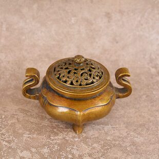 宏达 家居供奉盘香炉铜器摆件 黄铜复古包浆官耳铜香炉