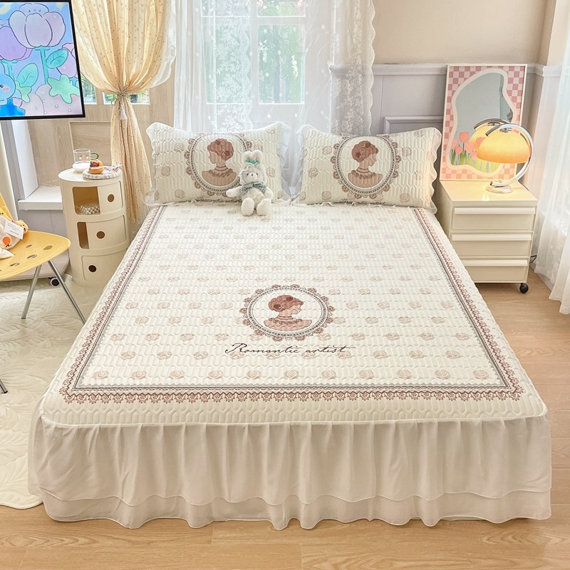 夏季印花床裙乳胶冰丝凉s席三件套公主风床单空调床垫席子水洗折