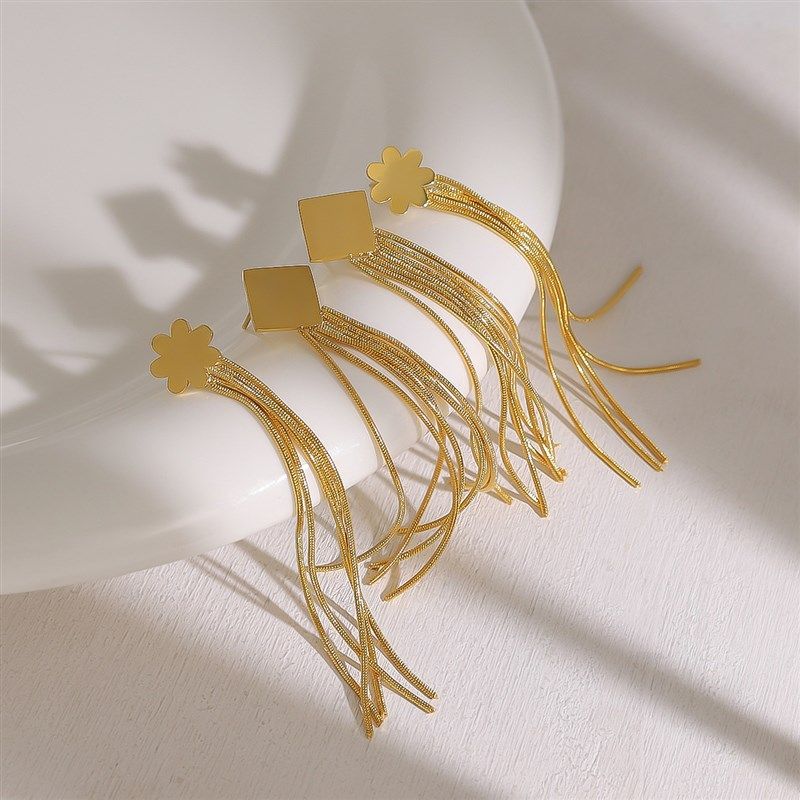 欧美轻奢高级感长款不锈钢链条耳环小众复古几何跨境流苏耳钉