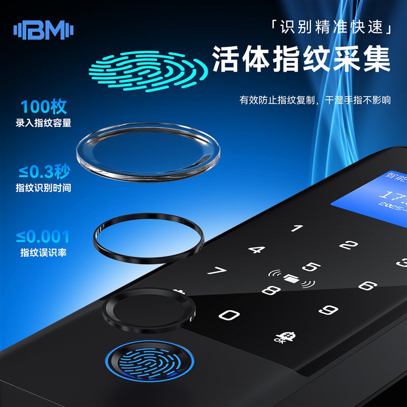 玻璃门指纹锁免开孔无框办公室电子智能锁单双有框门禁商铺密码锁