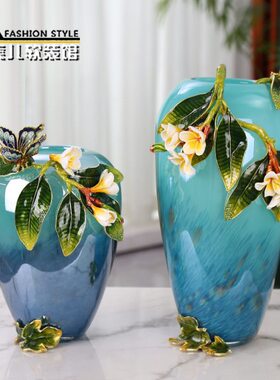 蓝色洒金琉璃花瓶珐琅彩艺术插花器新中式家居客厅餐桌装饰品摆件