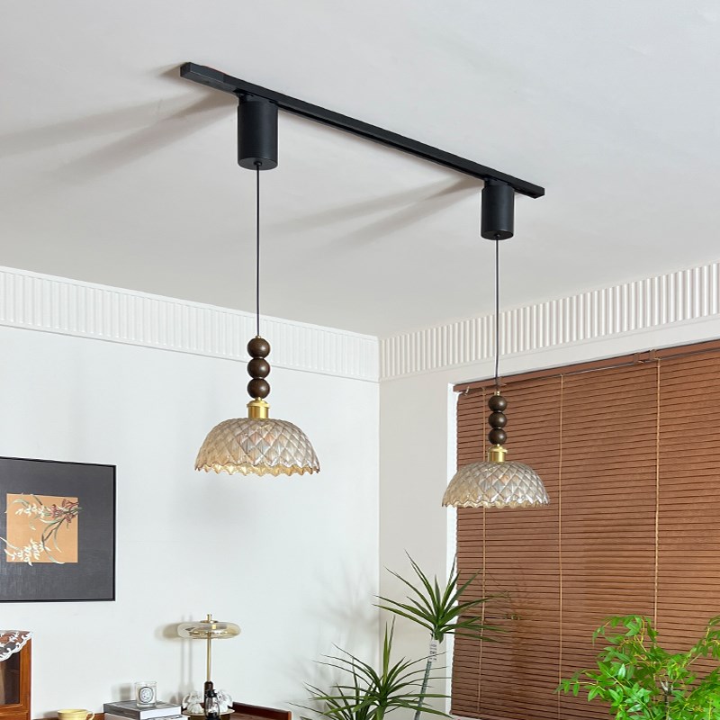 法式中古风餐厅h吊灯可移位轨道风扇灯复古玻璃餐桌岛台吧台护眼