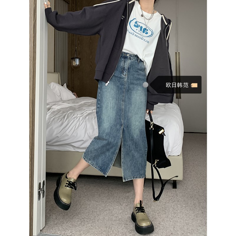 大码高腰开叉牛仔半身裙女A字202C2秋季新款中长款显瘦包臀一步裙