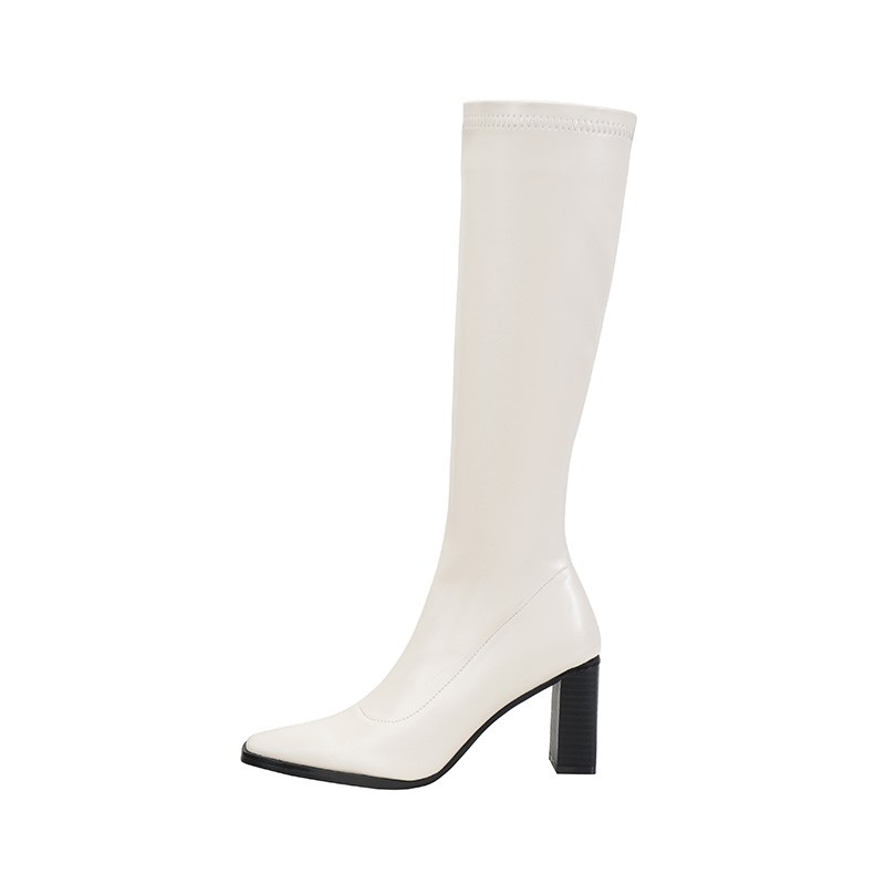 西部牛仔靴子粗跟白色方头时尚长筒靴复古马丁P靴女不过膝高筒瘦