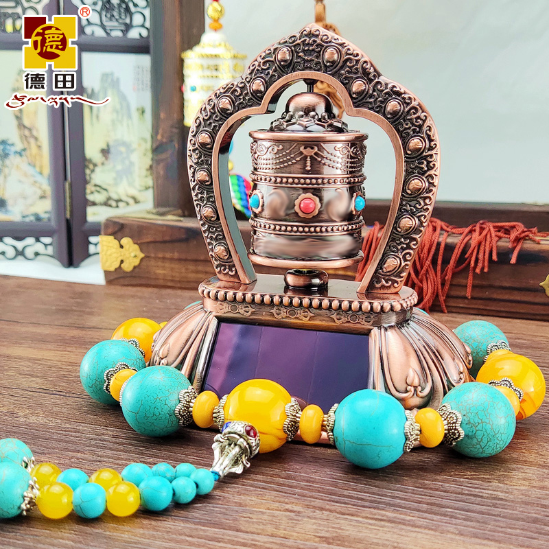 德田拉萨太阳能车载转金筒汽车z摆件车内饰品工作台摆件转金轮桶