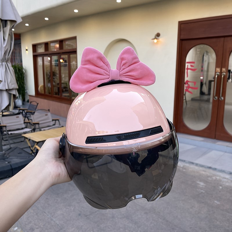 原创蝴蝶结电动摩托车头盔国标3C认证I四季通用粉色女款半盔安全