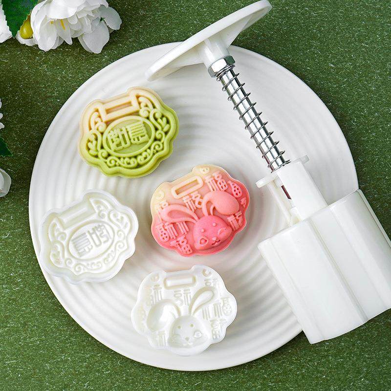 新款如意锁玉兔送福月饼模具冰皮绿豆糕点广式流心手压月饼模