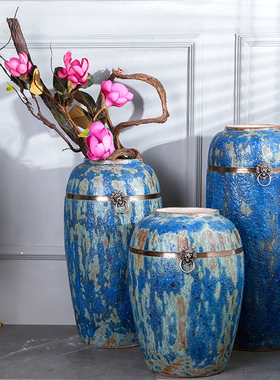 带铜环蓝色泡泡釉陶瓷落地大花瓶 古典中式0.45/0.55/0.65米摆件