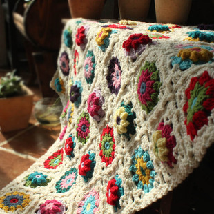 森女纯手工钩织毯毛线钩花拼色撞色立体花朵毯子 沙发靠背巾床毯