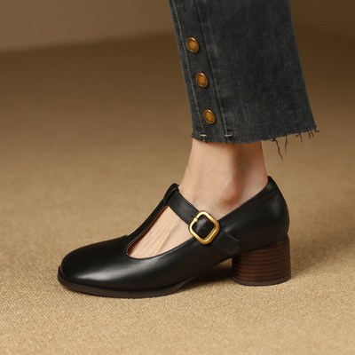 2023春新款真皮粗跟复古玛丽珍鞋女中跟圆头T型带英伦风棕色单鞋
