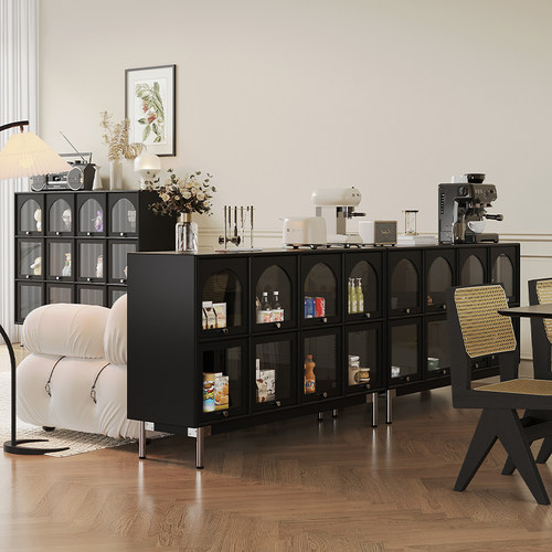 全实木复古展示柜十六格收纳柜黑色书柜客厅模型轻奢发光储物边柜