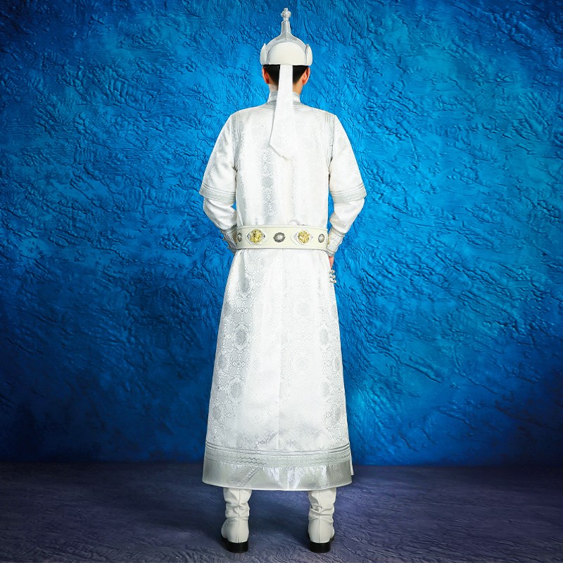 新款男士蒙古袍网红款婚礼新郎民族风舞蹈演出白色礼长袍服饰定制