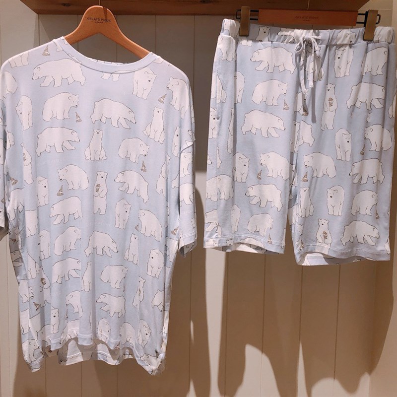 日系可爱卡通北极熊情侣莫代尔睡衣套装白熊宽松短袖短裤家居服男