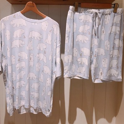 日系可爱卡通北极熊情侣莫代尔睡衣套装白熊宽松短袖短裤家居服男