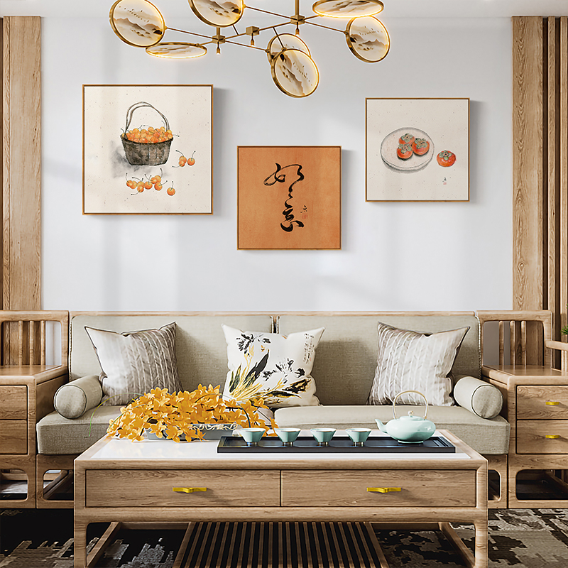 日式柿柿子如意装饰画餐厅挂画茶室背景墙客厅寓意好的事玄关壁画图片