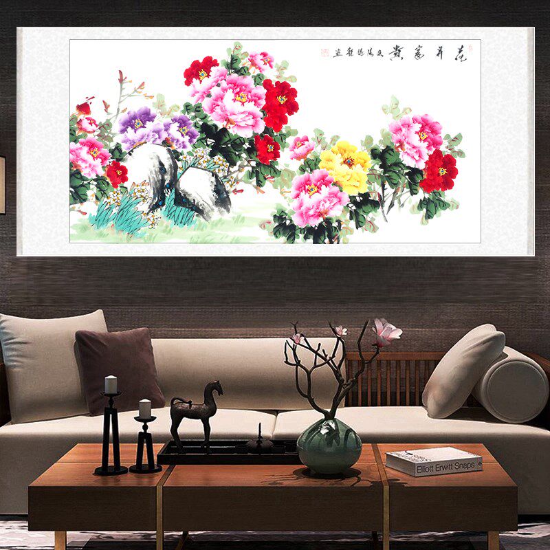 洛阳客厅装饰画国画牡丹画手绘花鸟四尺横幅花开富贵卷轴中堂挂画