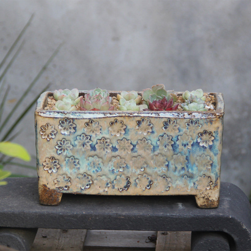 印象派精品高端花器复古粗陶手工长方形印纹创意高温窑变花盆
