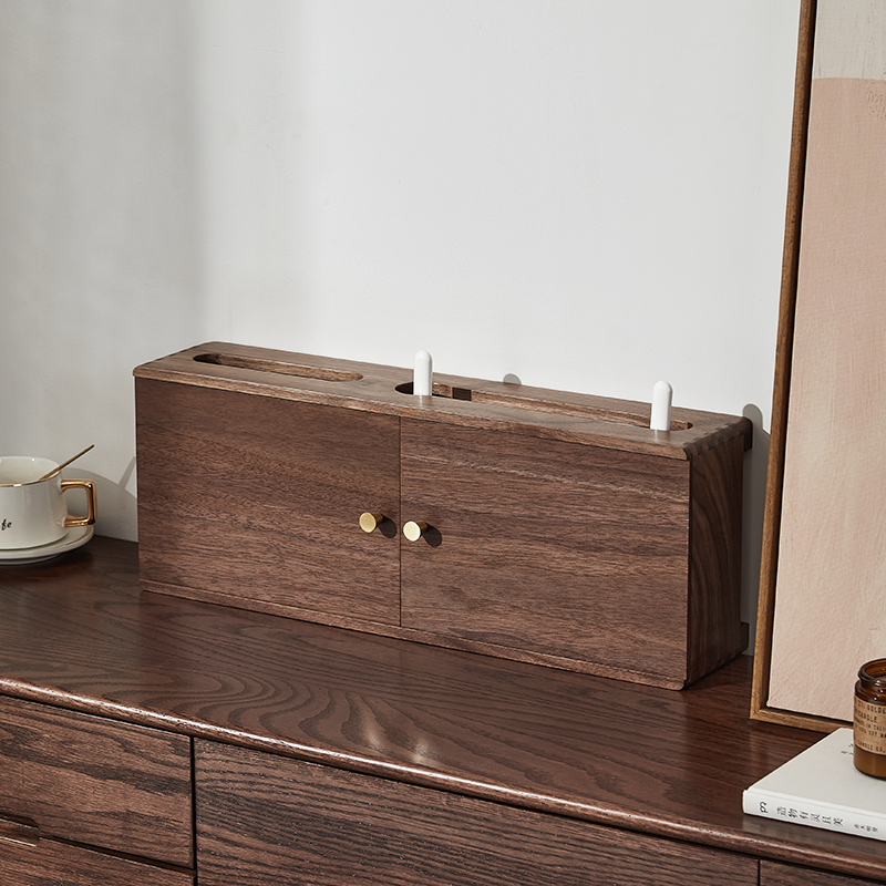 胡桃木排插电源线收纳盒大容量数据线插座路由器机顶盒壁挂收纳盒