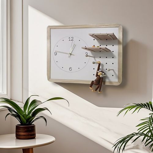 时钟原木风带钟表强电箱遮挡洞洞板电表箱装饰画挂钩入户盒配电箱