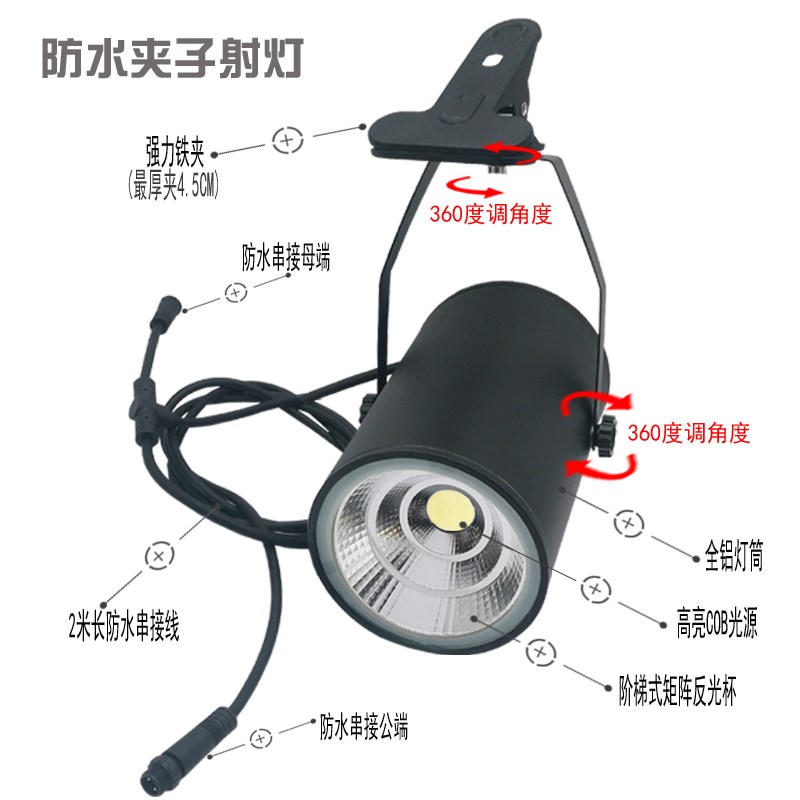 防水夹子射灯户外门头招牌免安装带插头可串联夜市摆摊夹子灯