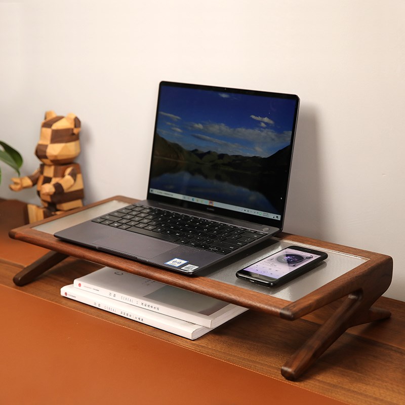 黑胡桃木电脑显示器增高架办公桌面笔记本台式屏幕工位垫高底座小