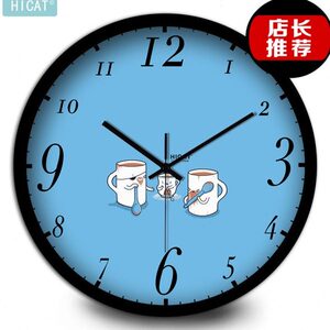 HICAT疯小猫杯子兄弟打架挂钟卧室客厅简约壁挂电子静音石英钟表