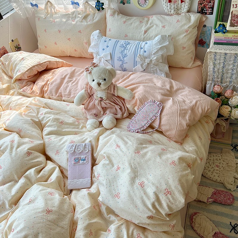 A类少女心蝴蝶结床上四件w套全棉床单被套被罩学生宿舍三件套4
