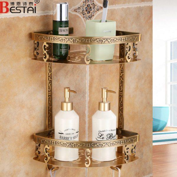 免打孔仿古浴室三角篮墙角卫生间壁挂欧式太空铝双层转角置物架子