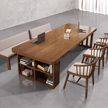 实木书桌书架一体桌现代简约客厅全实木长条桌学习桌子电脑桌椅