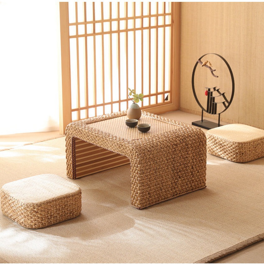 藤编阳台桌椅长方形复古榻榻米茶几小桌子实木客厅休闲茶桌简约型