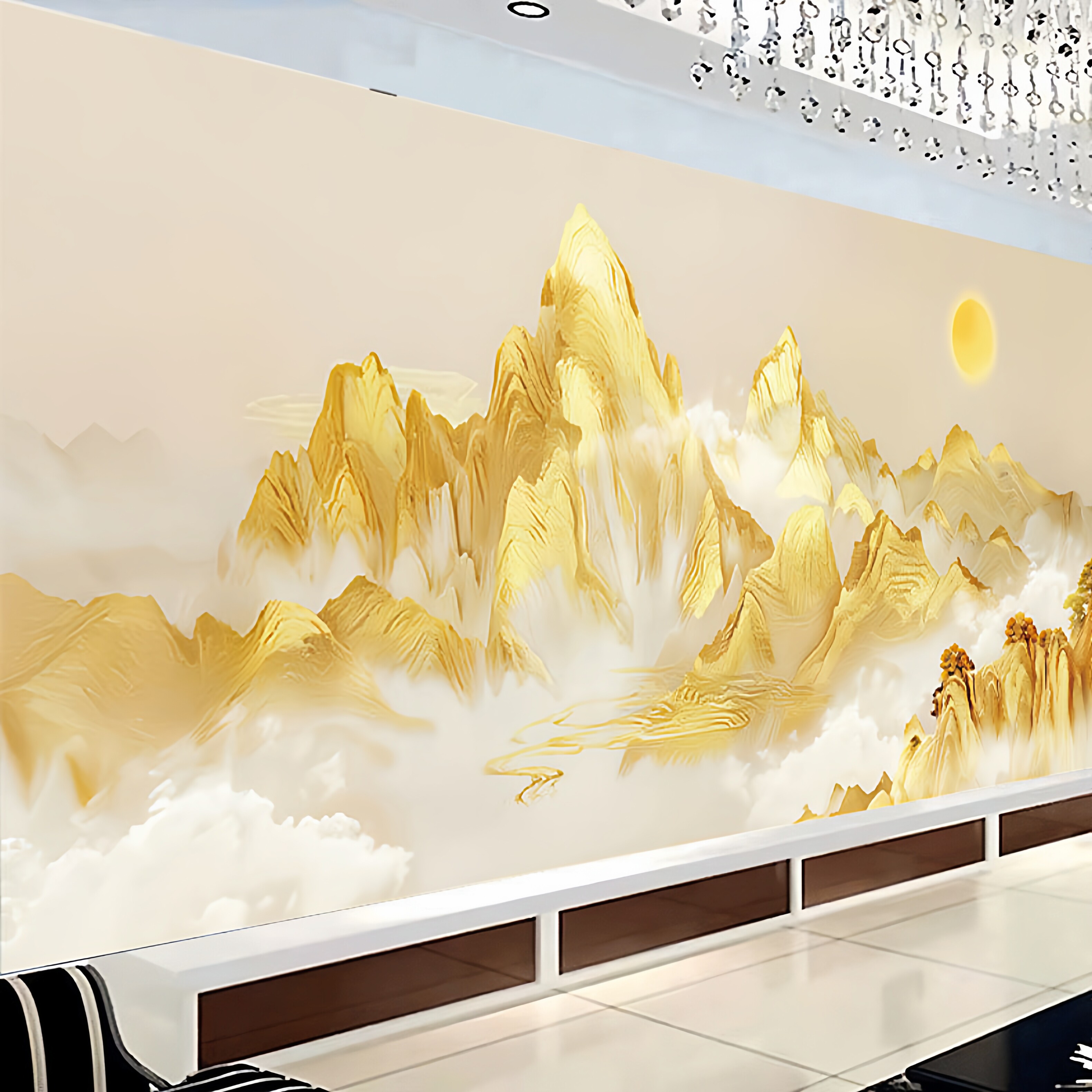 ks色系新款客厅大幅风水聚财靠山图日照金山满绣手工自刺绣十字绣