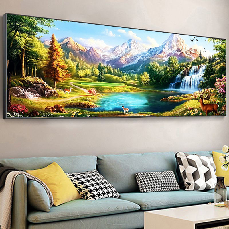 ks色系新款客厅山水风景画人间仙境日照金山聚宝盆满绣印花十字绣