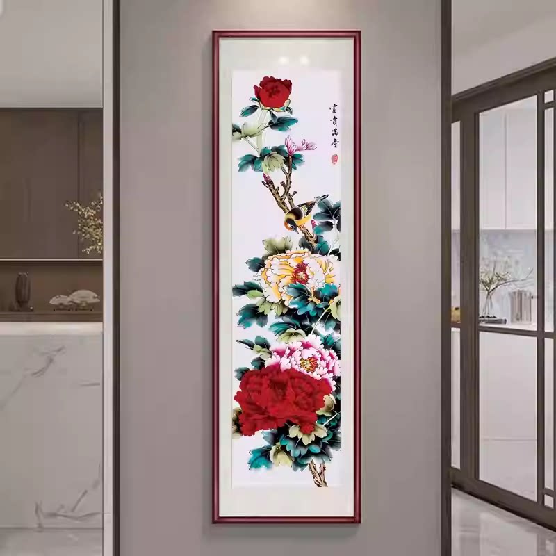 ks色系新款客厅玄关挂画富贵满堂牡丹花新中式简约满绣印花十字绣