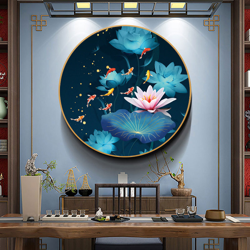 ks色系新款客厅餐厅玄关小幅九鱼荷花圆形锦鲤聚财满绣印花十字绣