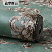 3D立体欧式 浮雕奢华无纺布大马士革墙纸卧室客厅背景壁纸孔雀绿色