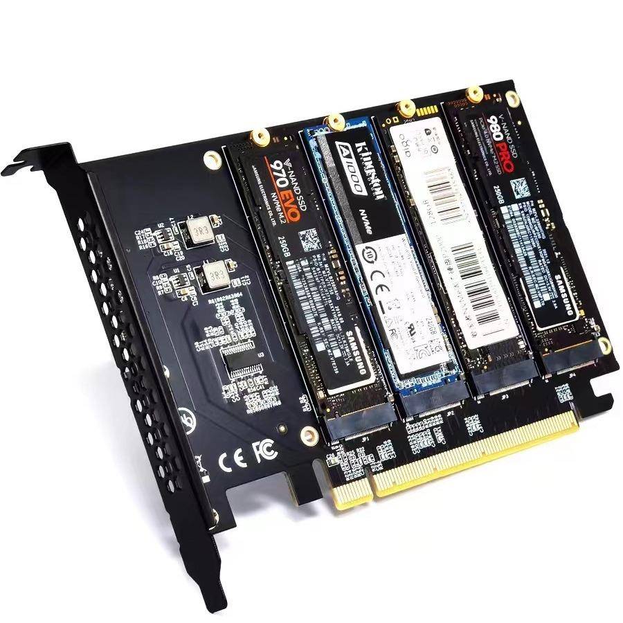 PCIE转NVME 4盘位 m.2 M Key型SSD转PCIEx16转接卡信号拆分阵列卡
