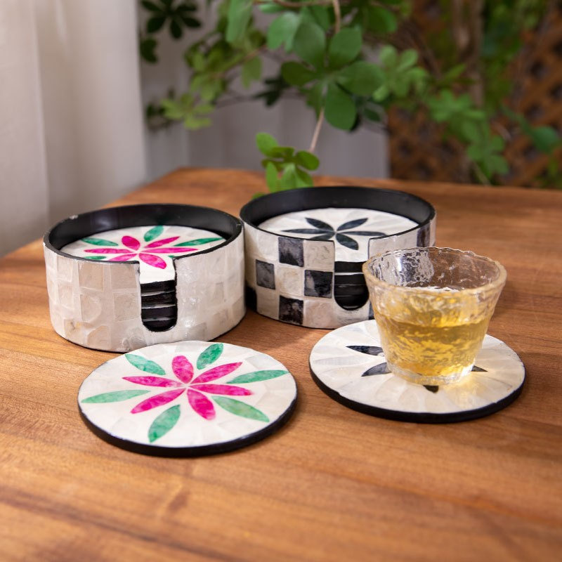 东南亚手工彩贝壳杯垫创意贝母隔热茶杯垫子轻奢木质装饰碗垫