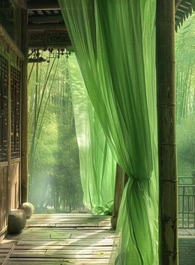 绿色纱幔庭院凉亭民宿户外装饰网纱中式国风幼儿园环创布置布料