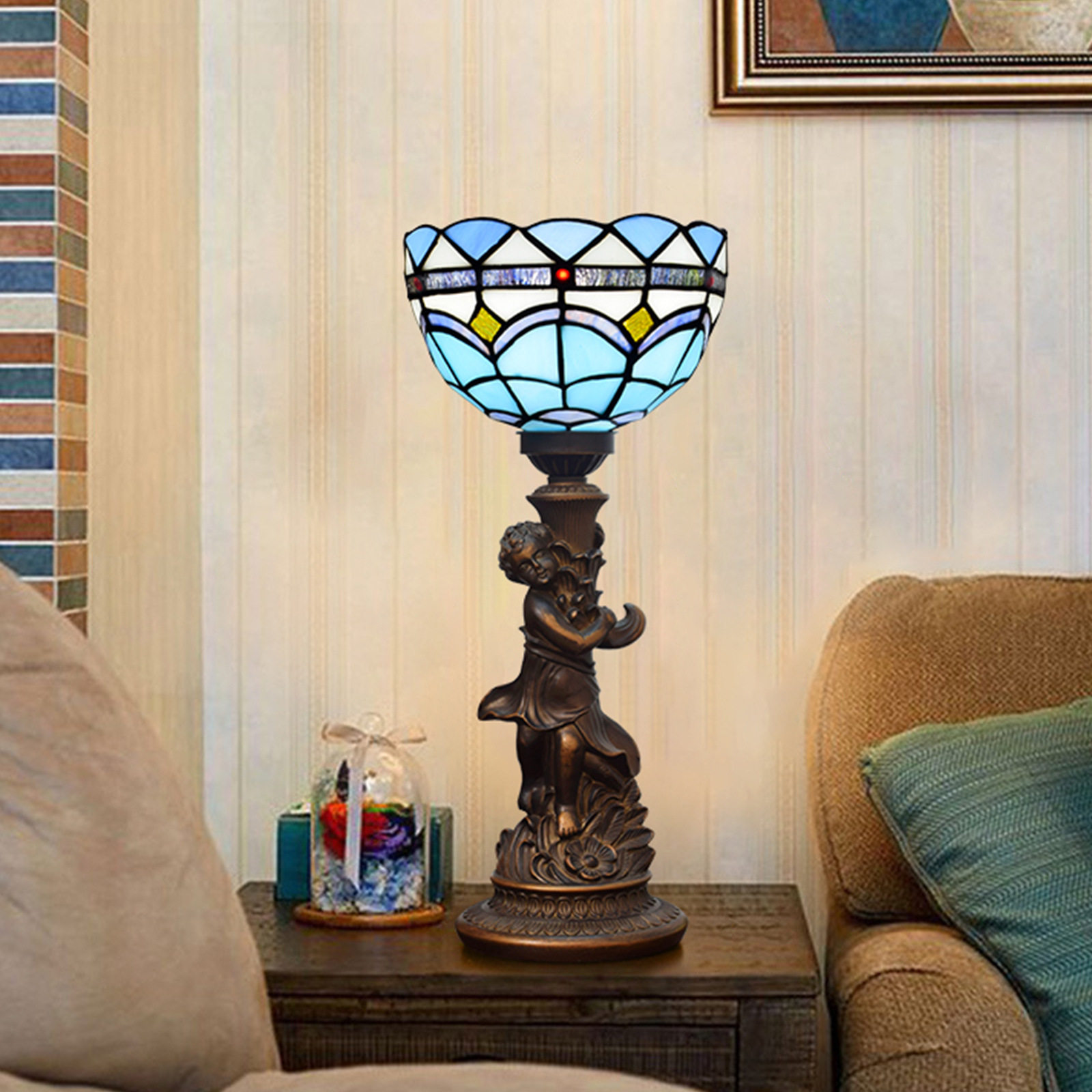 蓝色地中海风格小男孩彩色玻璃灯餐厅酒吧书桌装饰台灯卧室床头灯