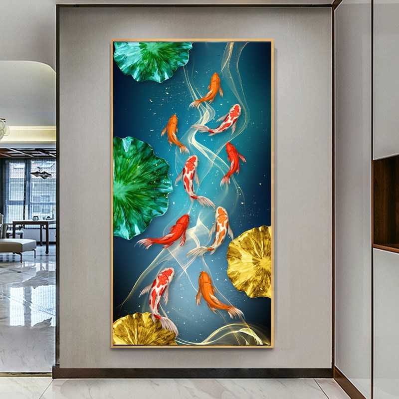 玄关装饰画九鱼图竖版过道走廊墙面壁G画现代简约客厅入户晶瓷挂图片
