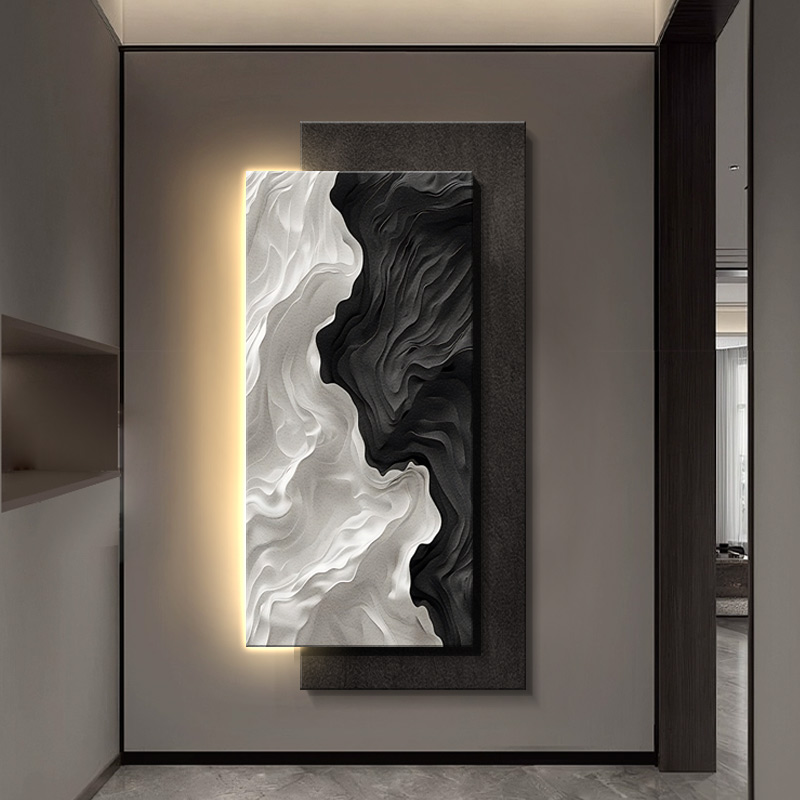 现代立体砂岩肌理挂画玄关装饰画带灯高级感客厅入户走廊过道壁画图片