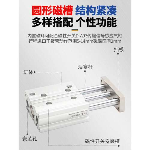 小型气动带导杆三轴三杆气缸MGPM16/12/20/32/63/25-30-40-50-100