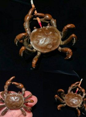 实心纯铜螃蟹香插手工茶宠小摆件仿古玩小铜器紫铜雕铜工艺品把件