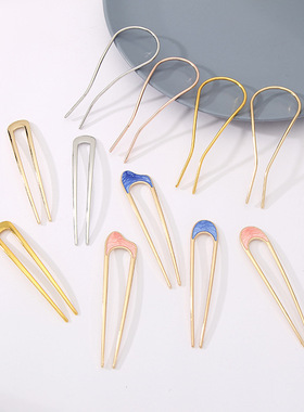 丸子头盘发简约现代冷淡风高级感发簪u型发钗彩色滴油发饰品