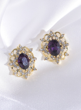 法式紫水晶超闪镶钻银针耳钉女轻奢高级感耳环复古气质宫廷风耳饰